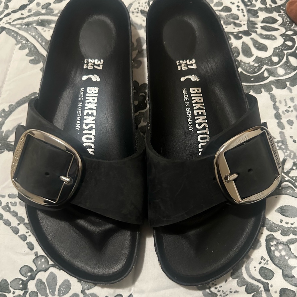 Birkenstock Black Slides with Metallic Buckle